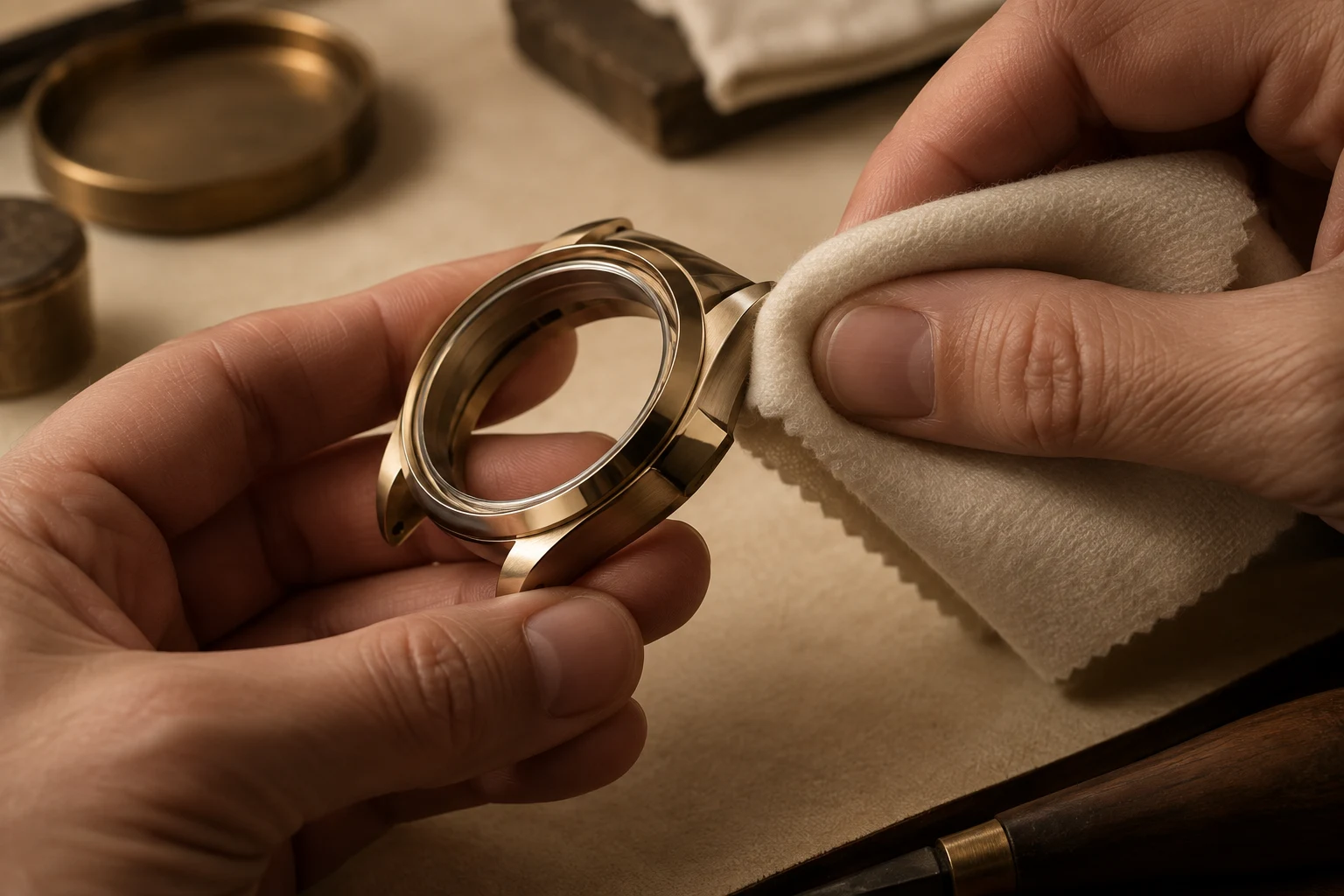 Illustrative hands polishing an empty watch case with a soft cream cloth
