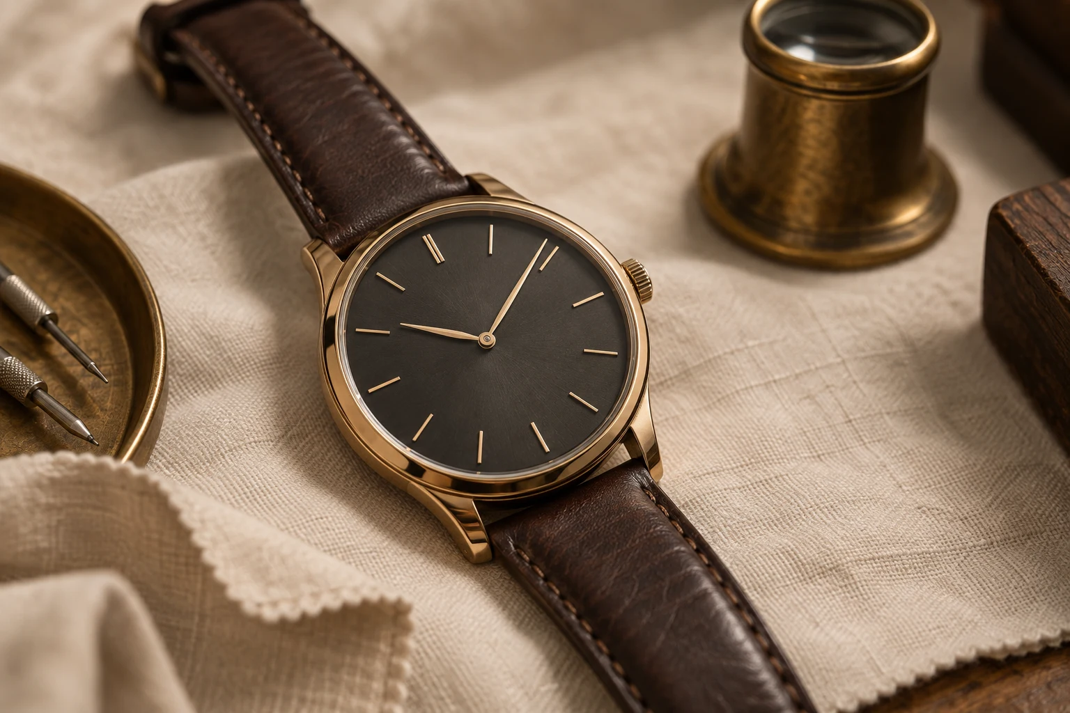 Illustrative wristwatch with a charcoal dial and brown leather strap resting on cream linen