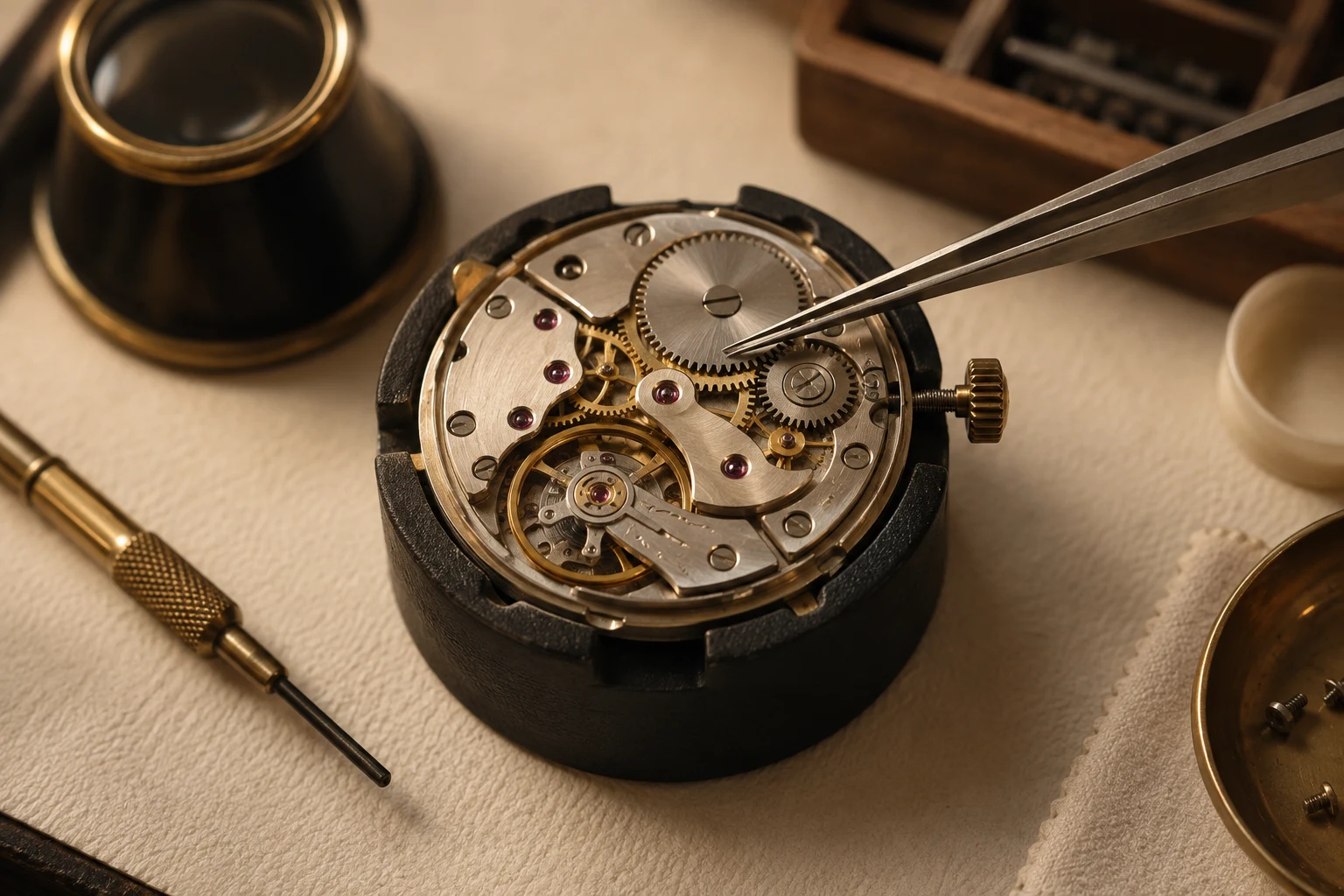 Illustrative tweezers poised above the gears of an open watch movement in a holder