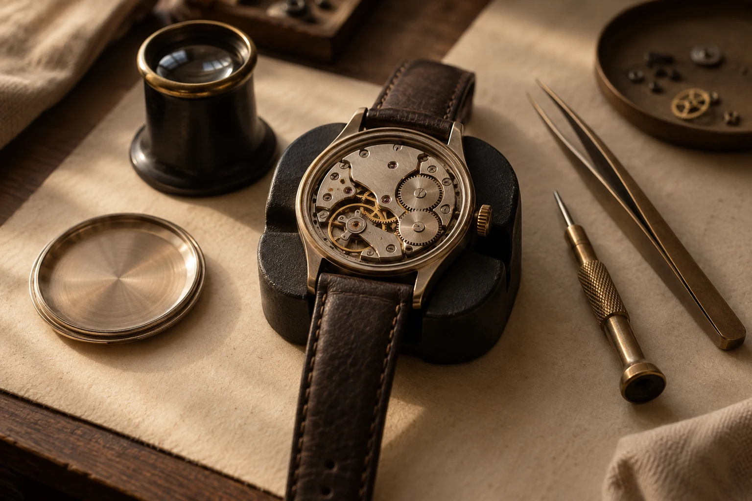 Illustrative open wristwatch in a holder beside a loupe and precision tools on a cream workbench mat